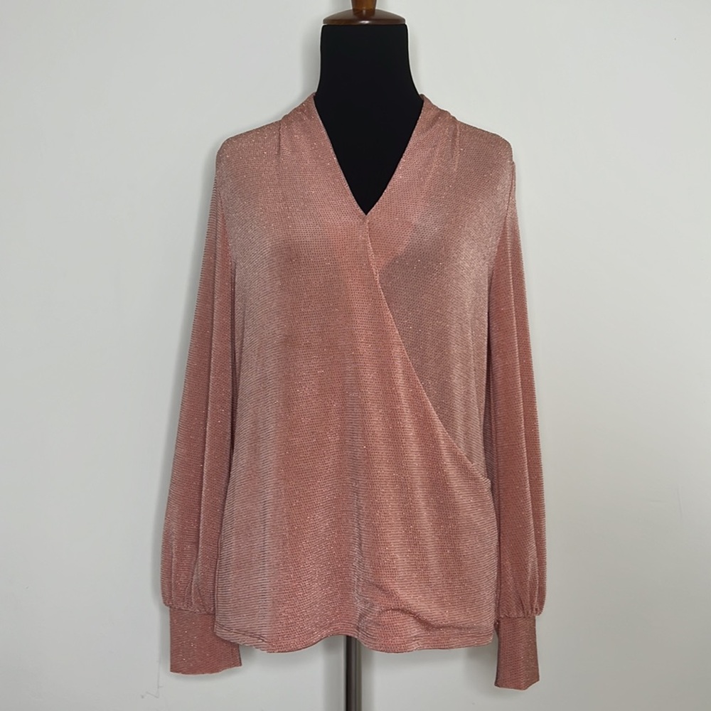 ADRIANNA PAPELL Peach Shimmer Faux Wrap Longsleeve Blouse Top S